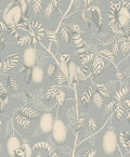 Elliot wallpaper by Sandberg, flat swatch of the lemur-and-fruit design in cream and pale grey on a soft duck-egg ground