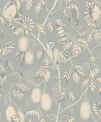 Elliot wallpaper by Sandberg, flat swatch of the lemur-and-fruit design in cream and pale grey on a soft duck-egg ground