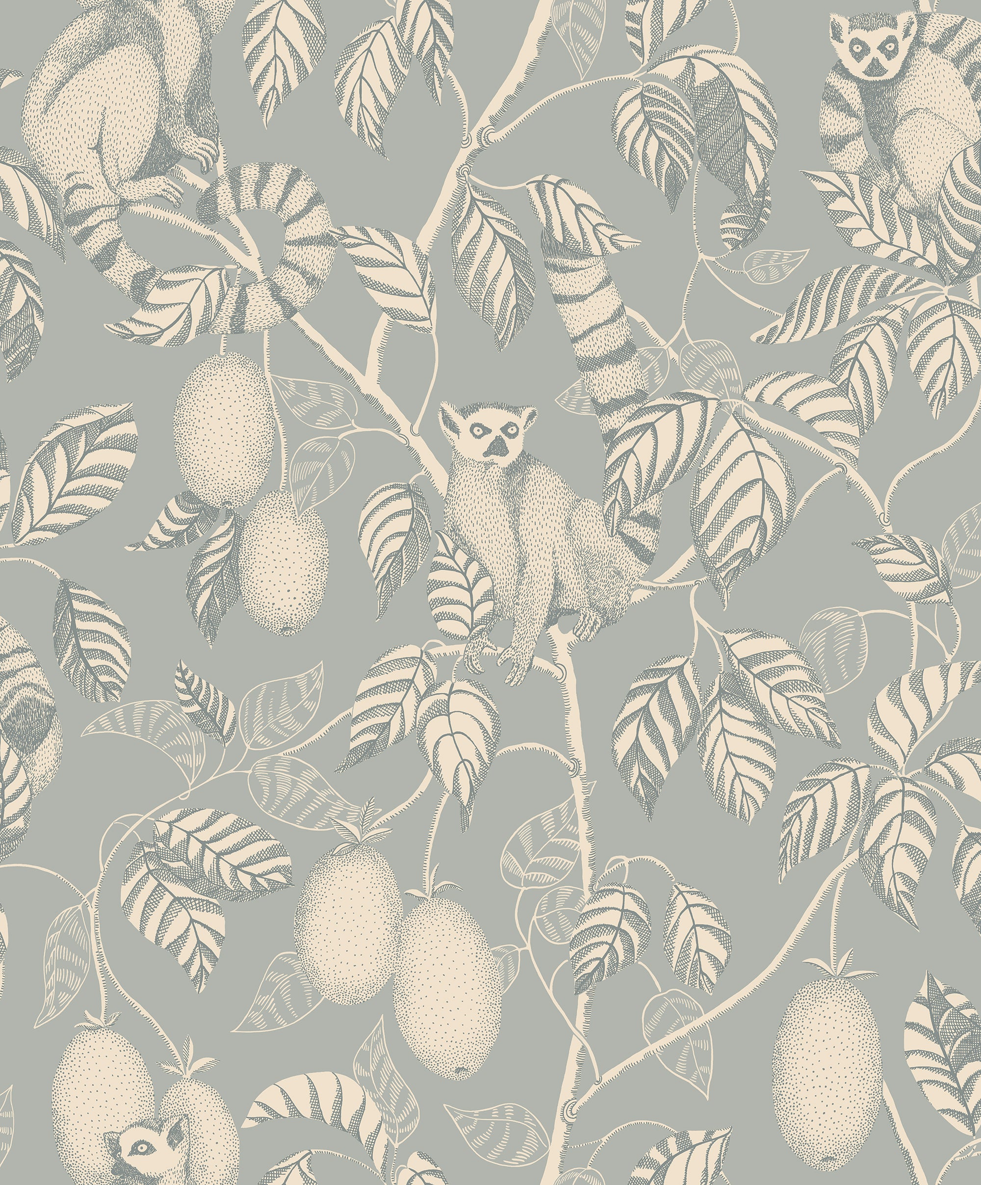 Elliot wallpaper by Sandberg, flat swatch of the lemur-and-fruit design in cream and pale grey on a soft duck-egg ground