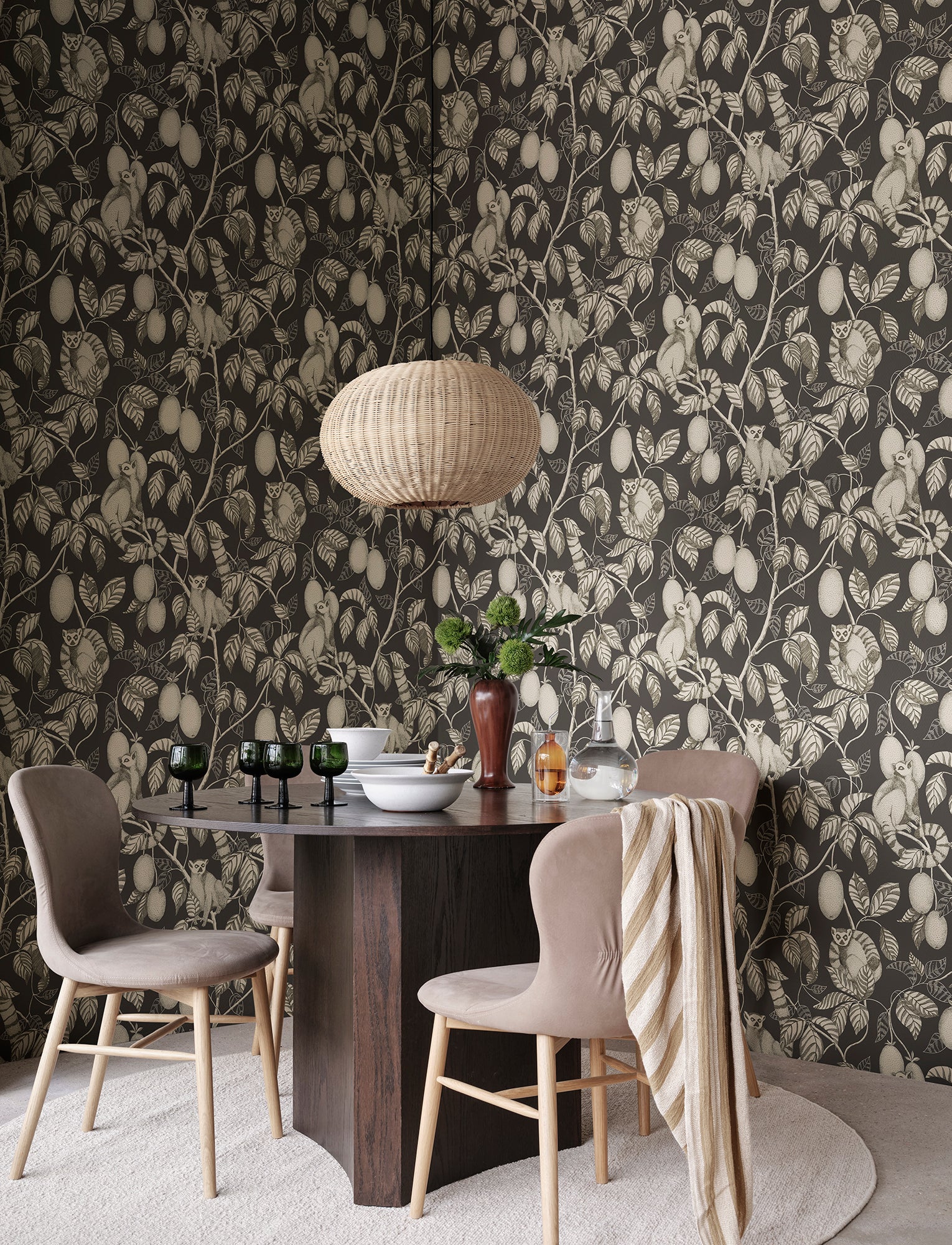 Elliot wallpaper by Sandberg in Graphite, styled on an interior wall
