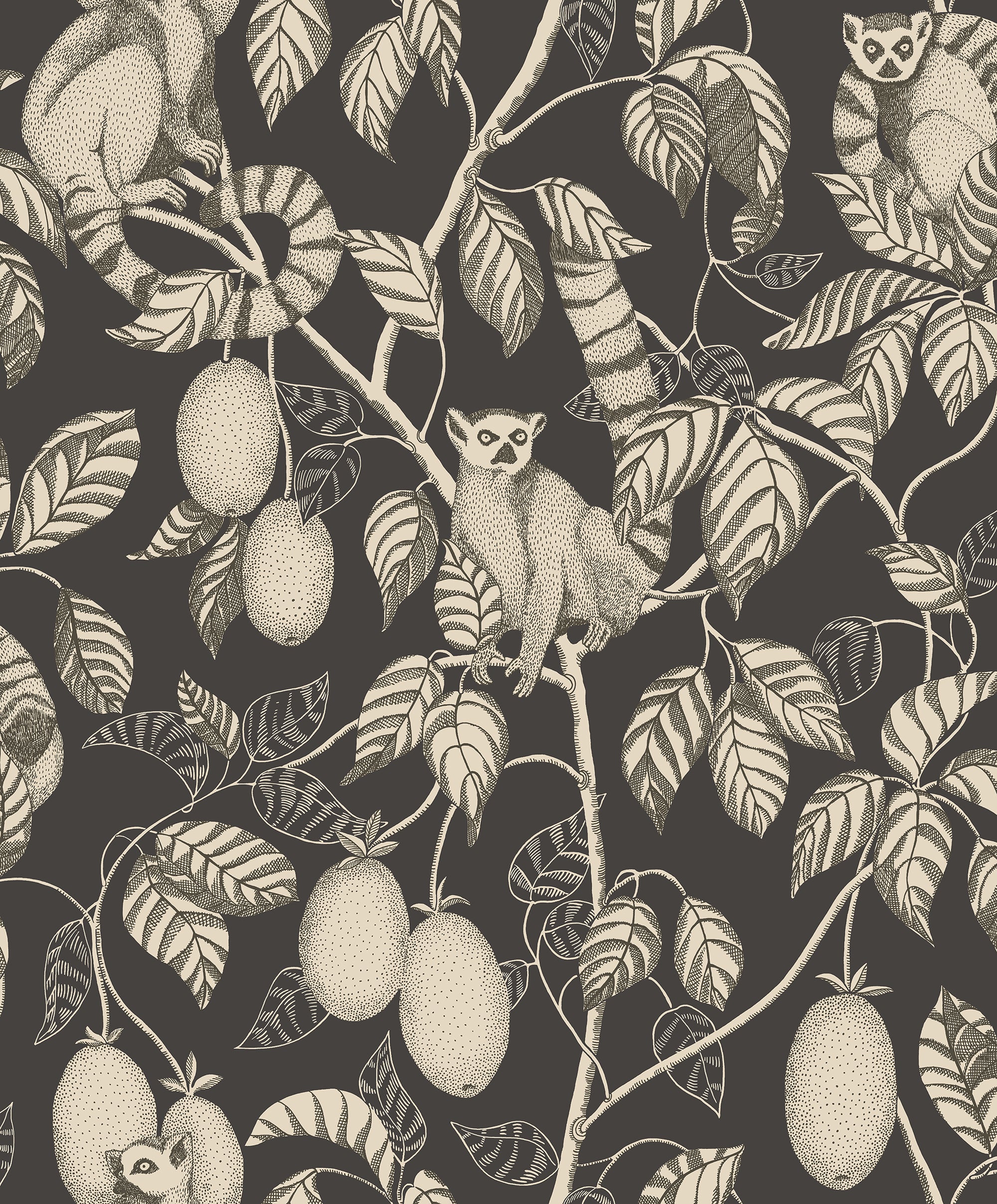 Elliot wallpaper by Sandberg, flat swatch of the lemur-and-fruit design in cream line work on a near-black background