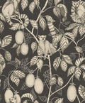 Elliot wallpaper by Sandberg, flat swatch of the lemur-and-fruit design in cream line work on a near-black background