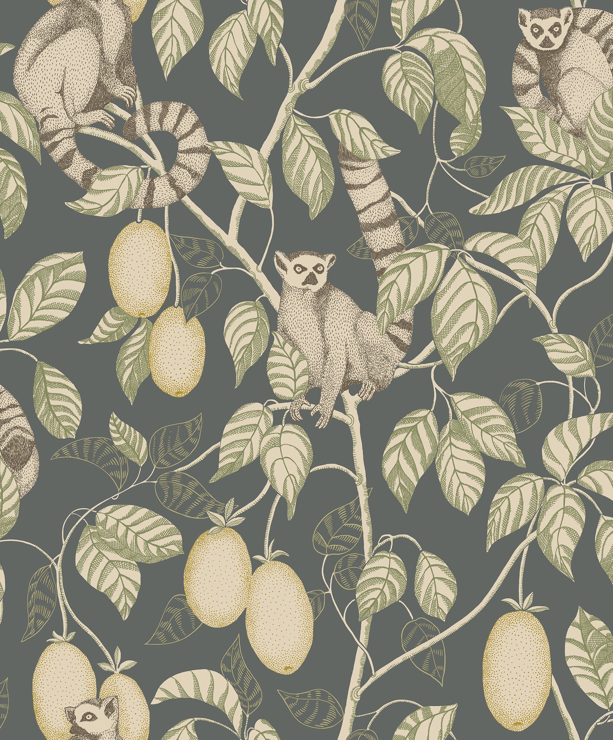 Elliot wallpaper by Sandberg, flat swatch of ring-tailed lemurs among leafy branches and mangoes on a slate grey-green ground