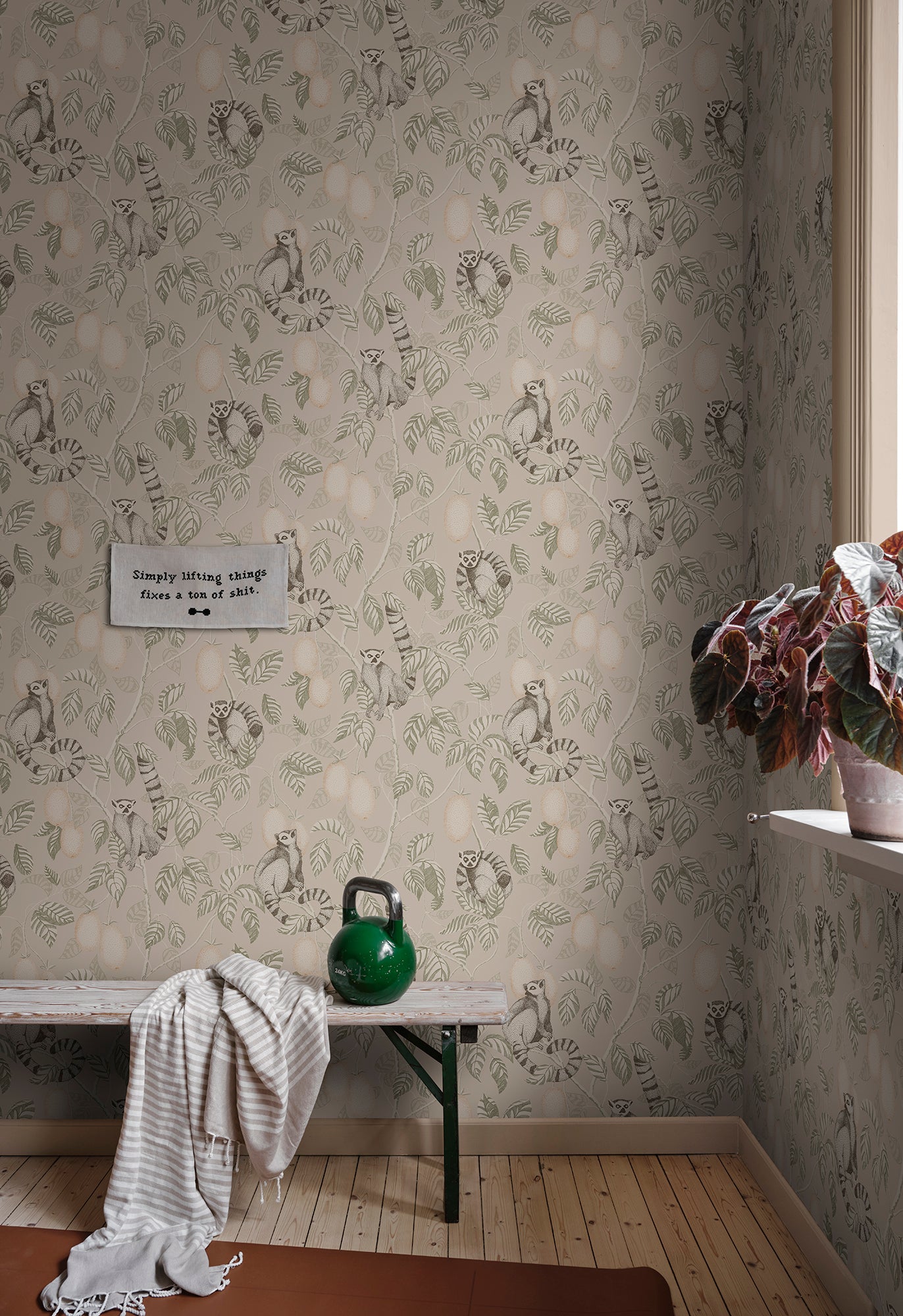 Elliot wallpaper by Sandberg in Sandstone, styled on an interior wall