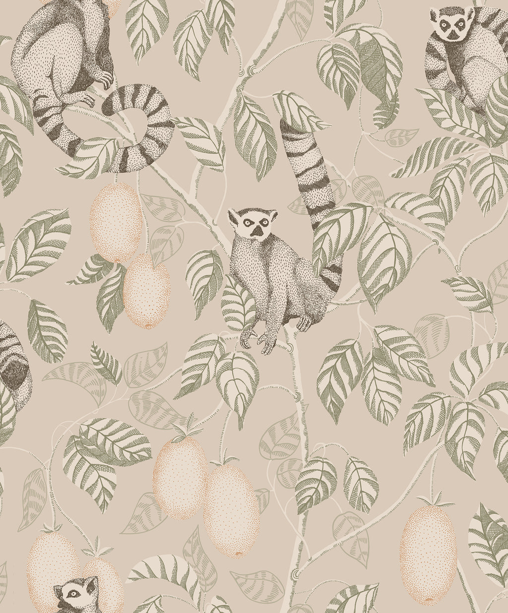 Elliot wallpaper by Sandberg, flat swatch of the ring-tailed lemur design in green and peach on a warm taupe ground