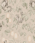 Elliot wallpaper by Sandberg, flat swatch of the ring-tailed lemur design in green and peach on a warm taupe ground