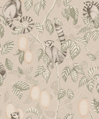 Elliot wallpaper by Sandberg, flat swatch of the ring-tailed lemur design in green and peach on a warm taupe ground