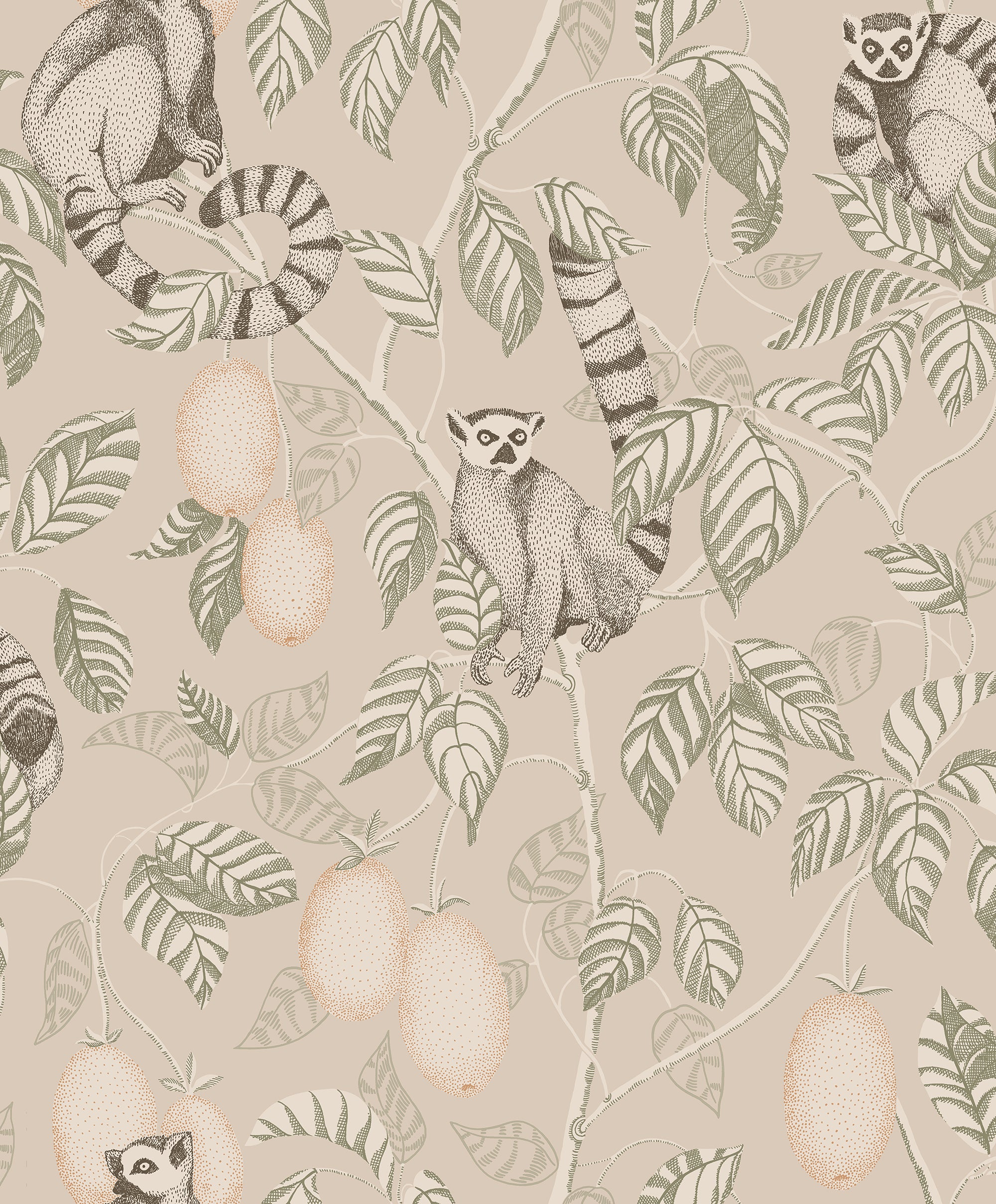 Elliot wallpaper by Sandberg, flat swatch of the ring-tailed lemur design in green and peach on a warm taupe ground