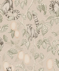Elliot wallpaper by Sandberg, flat swatch of the ring-tailed lemur design in green and peach on a warm taupe ground