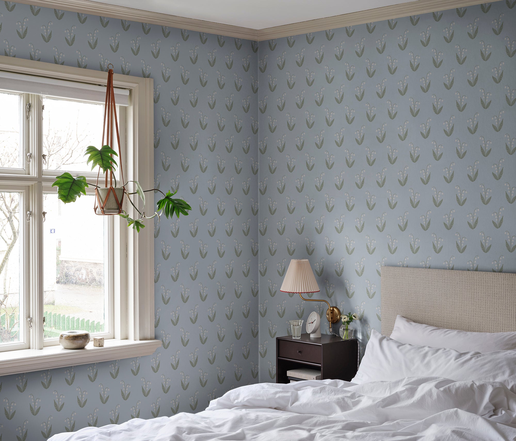 Lilly wallpaper by Sandberg in Light Blue, styled on an interior wall