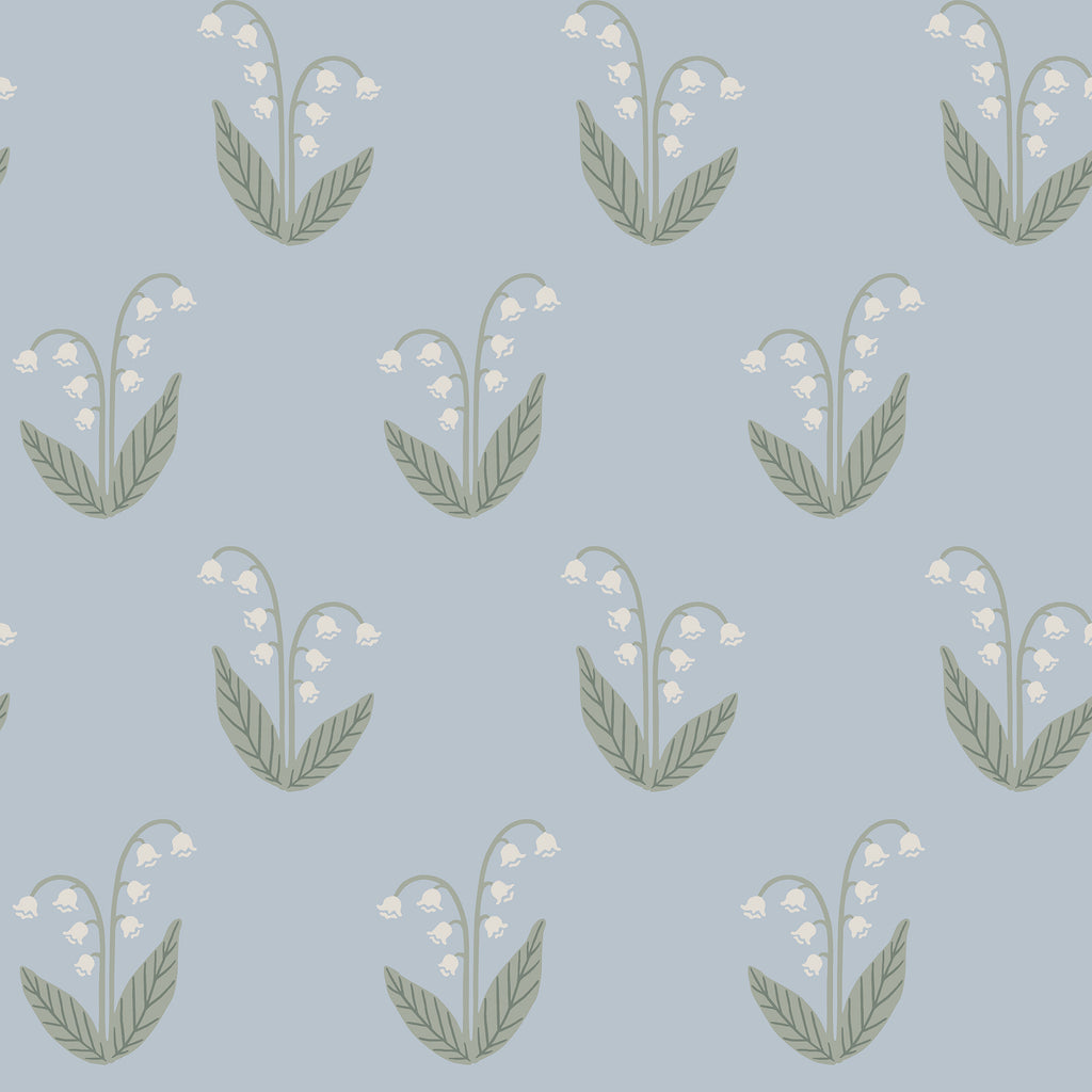 Lilly wallpaper by Sandberg in pale blue, white lily-of-the-valley flowers and sage leaves, flat roll swatch
