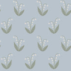 Lilly wallpaper by Sandberg in pale blue, white lily-of-the-valley flowers and sage leaves, flat roll swatch