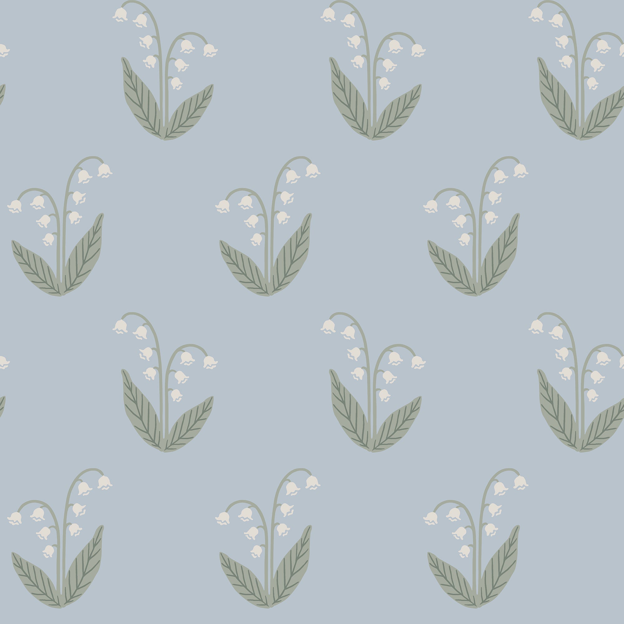 Lilly wallpaper by Sandberg in pale blue, white lily-of-the-valley flowers and sage leaves, flat roll swatch