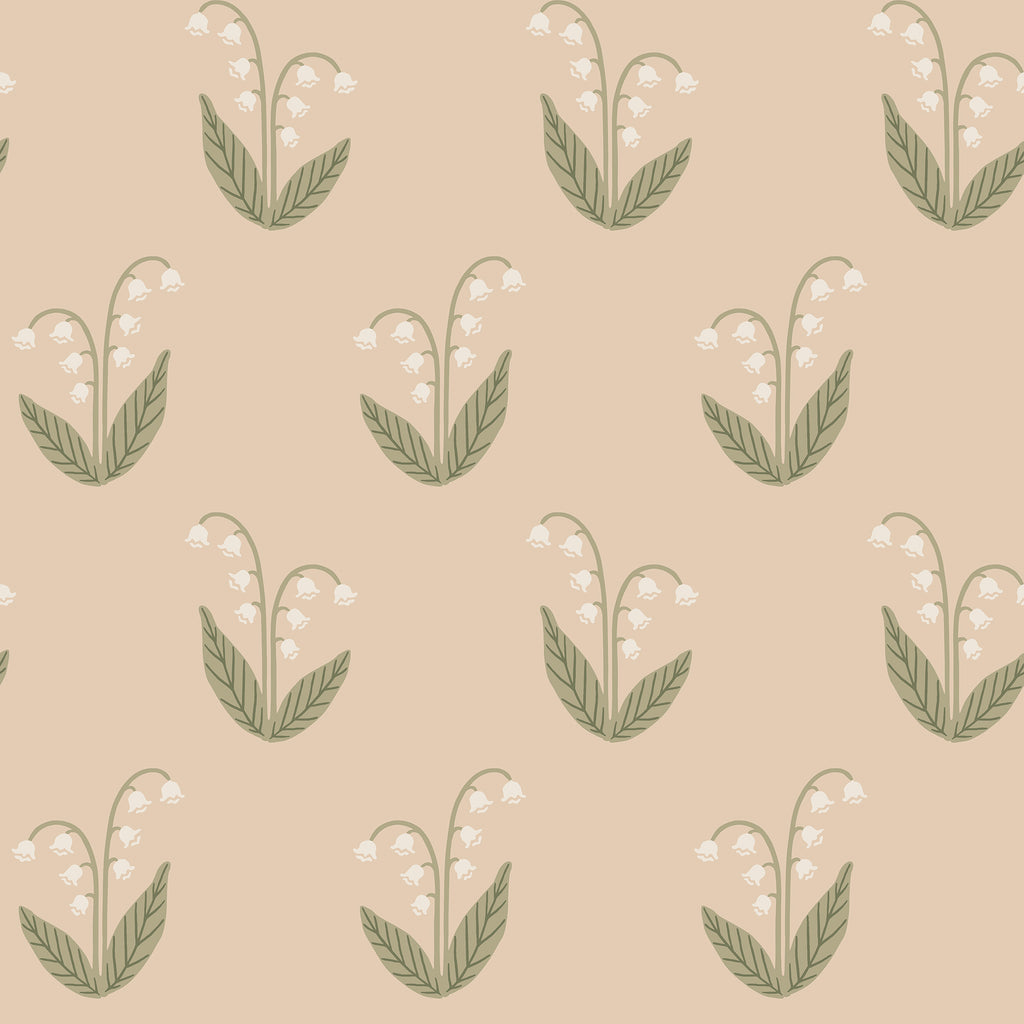 Lilly wallpaper by Sandberg, lily-of-the-valley sprigs with white bells and green leaves on a soft beige ground, flat roll swatch