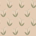 Lilly wallpaper by Sandberg, lily-of-the-valley sprigs with white bells and green leaves on a soft beige ground, flat roll swatch