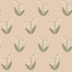Lilly wallpaper by Sandberg, lily-of-the-valley sprigs with white bells and green leaves on a soft beige ground, flat roll swatch