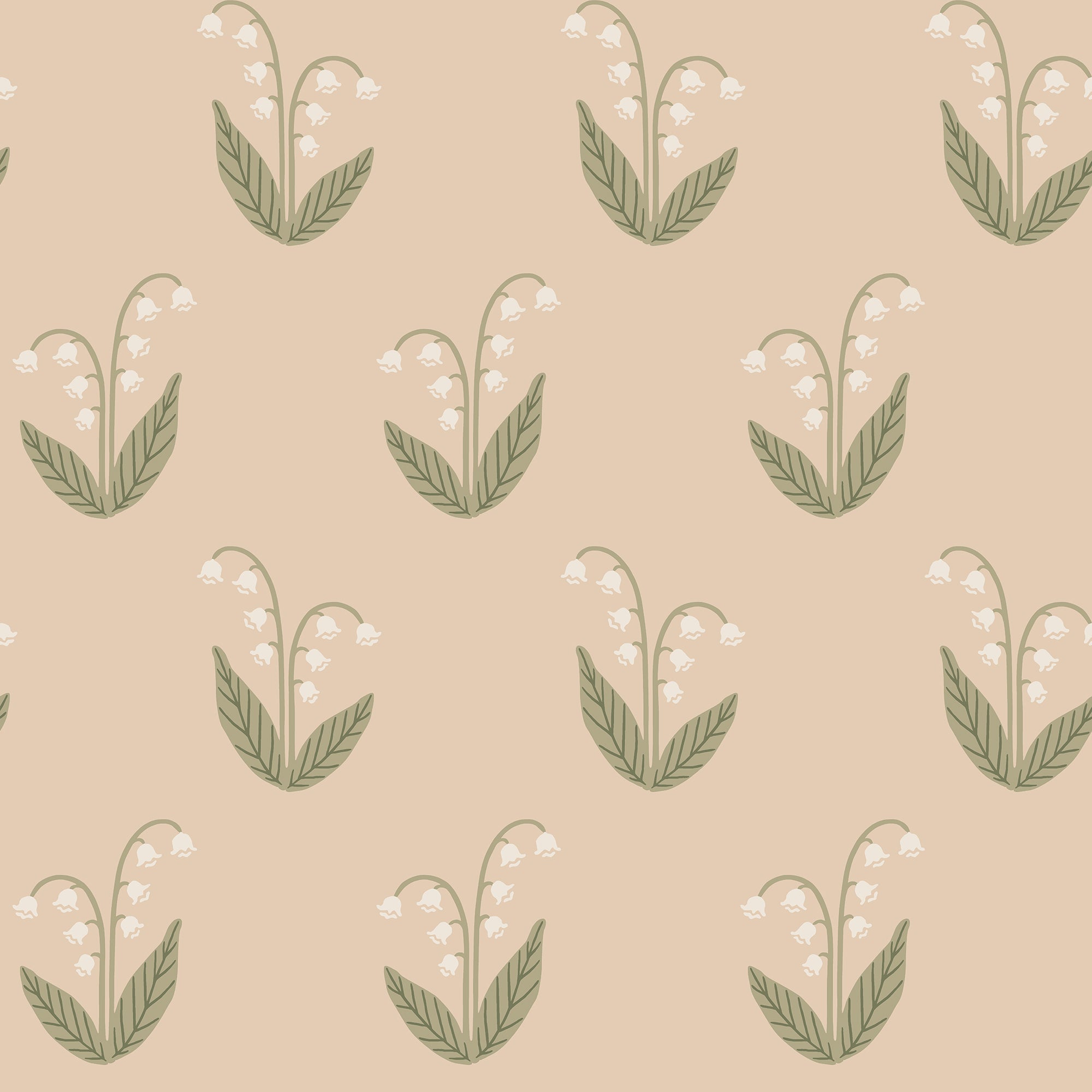 Lilly wallpaper by Sandberg, lily-of-the-valley sprigs with white bells and green leaves on a soft beige ground, flat roll swatch