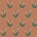 Lilly wallpaper by Sandberg in terracotta, cream lily-of-the-valley sprigs with dark green leaves, flat roll swatch