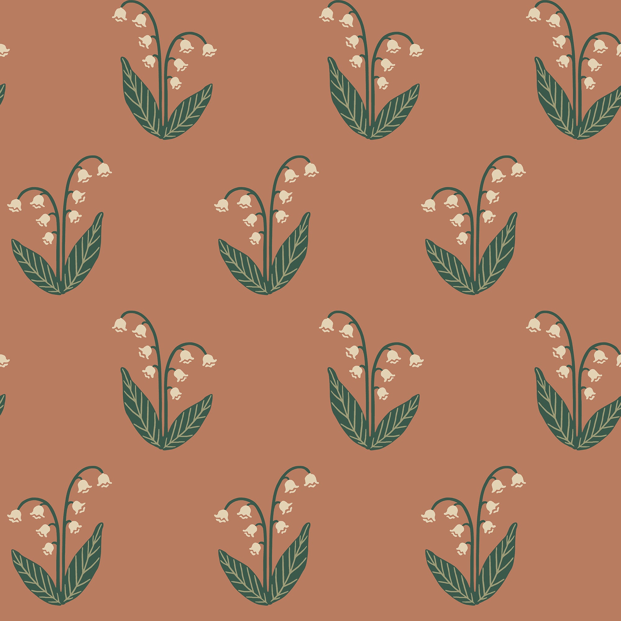 Lilly wallpaper by Sandberg in terracotta, cream lily-of-the-valley sprigs with dark green leaves, flat roll swatch