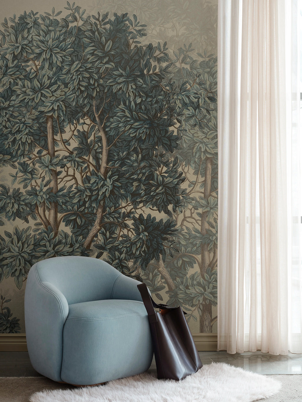Charles Mural wall mural by Sandberg – forest & woodland design, Blue – styled in a room setting, view 4