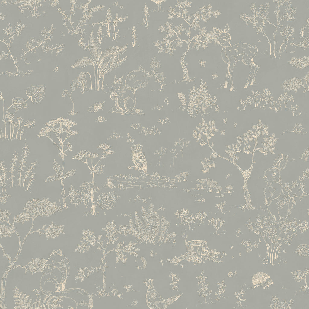 Hollie wallpaper by Sandberg in soft grey-green, woodland toile of forest animals and trees, flat swatch