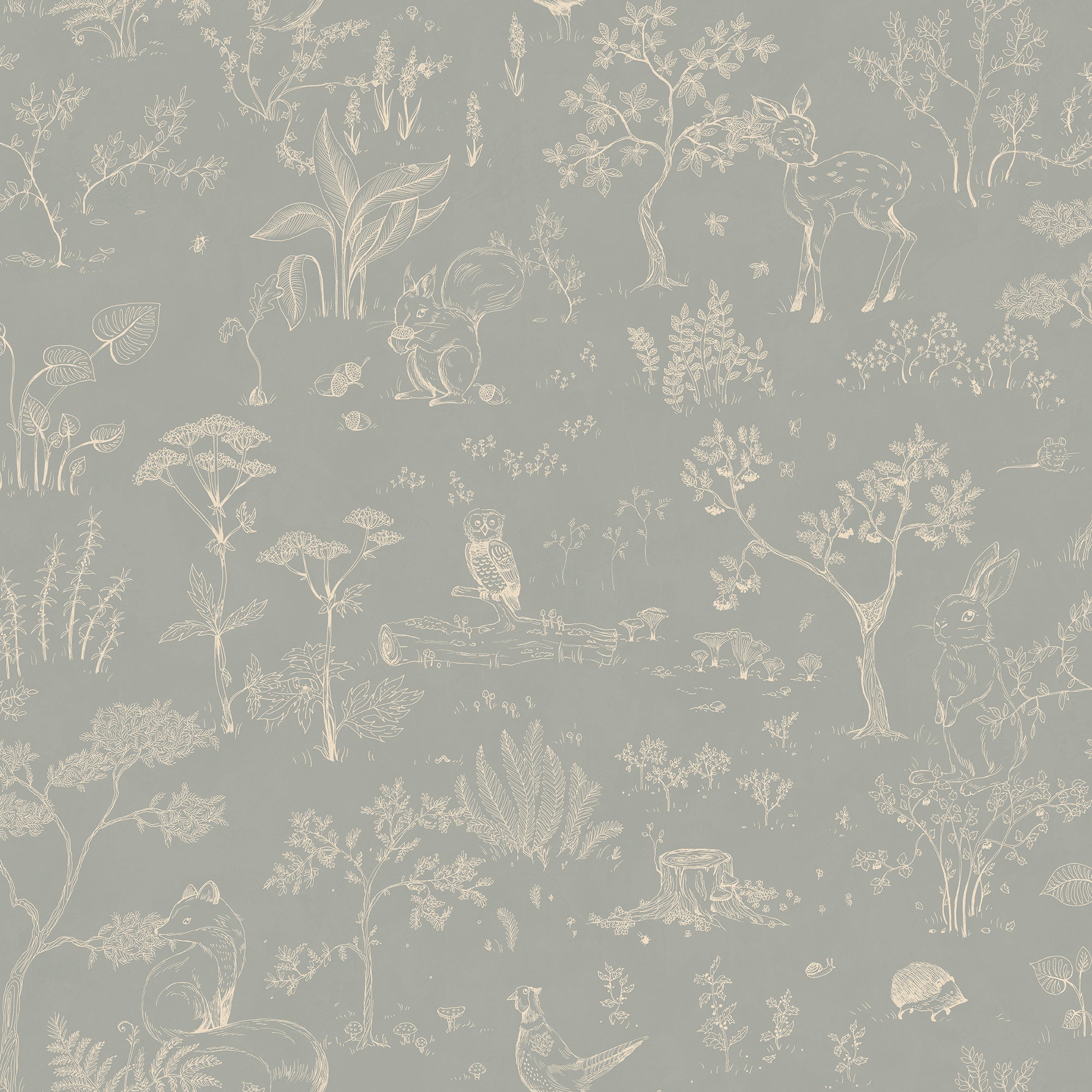 Hollie wallpaper by Sandberg in soft grey-green, woodland toile of forest animals and trees, flat swatch