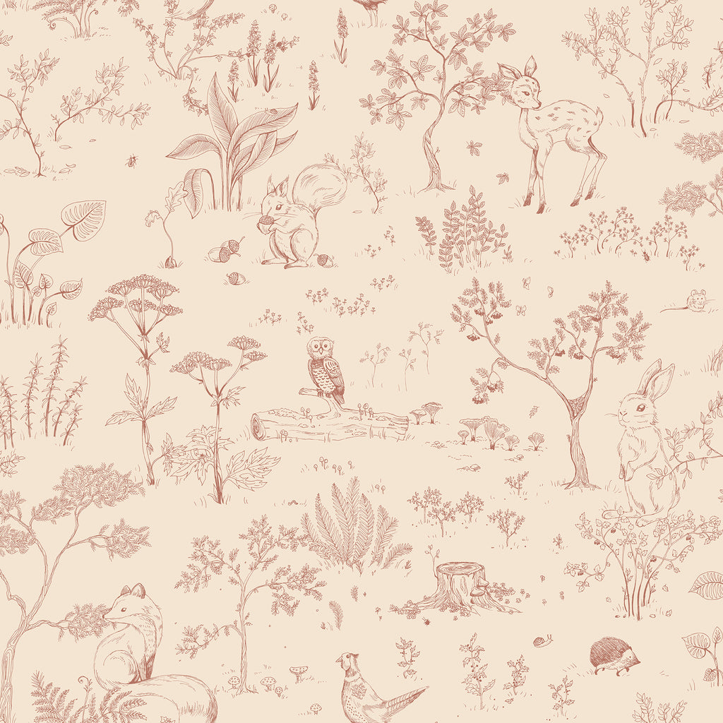 Hollie wallpaper by Sandberg in dusky pink, woodland toile of deer, owls and rabbits, flat swatch