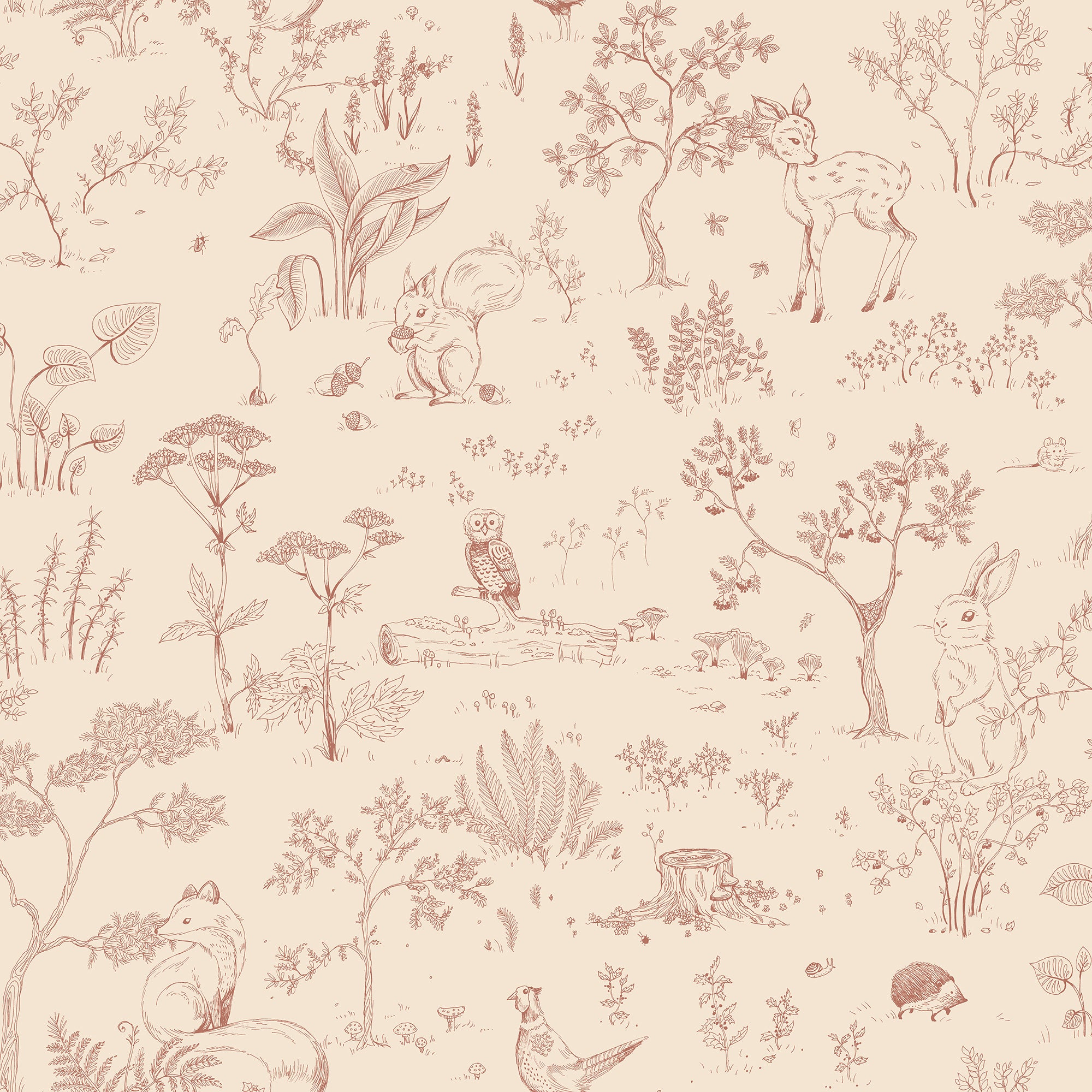Hollie wallpaper by Sandberg in dusky pink, woodland toile of deer, owls and rabbits, flat swatch