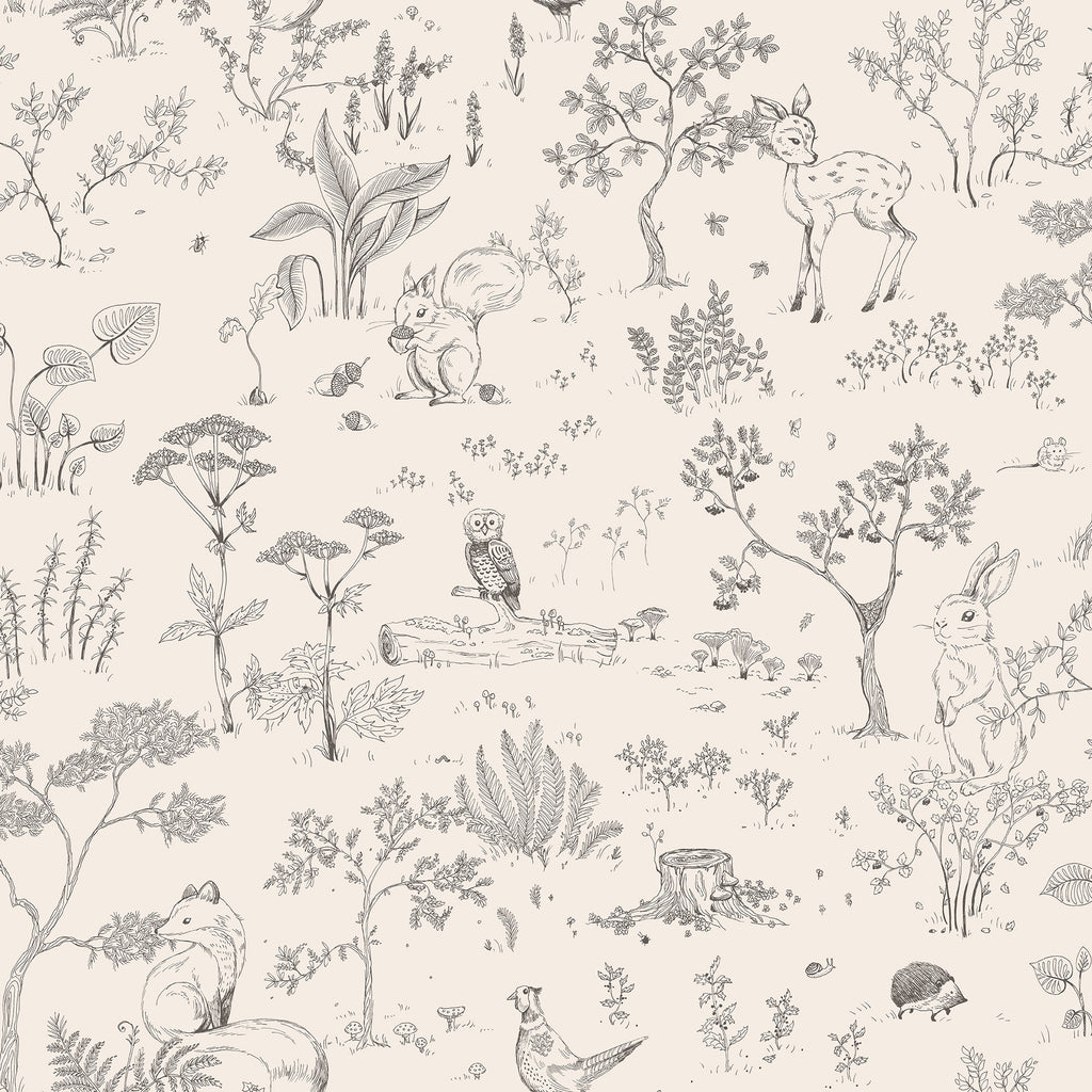 Hollie wallpaper by Sandberg in grey, woodland toile of deer, owls, foxes and trees, flat swatch