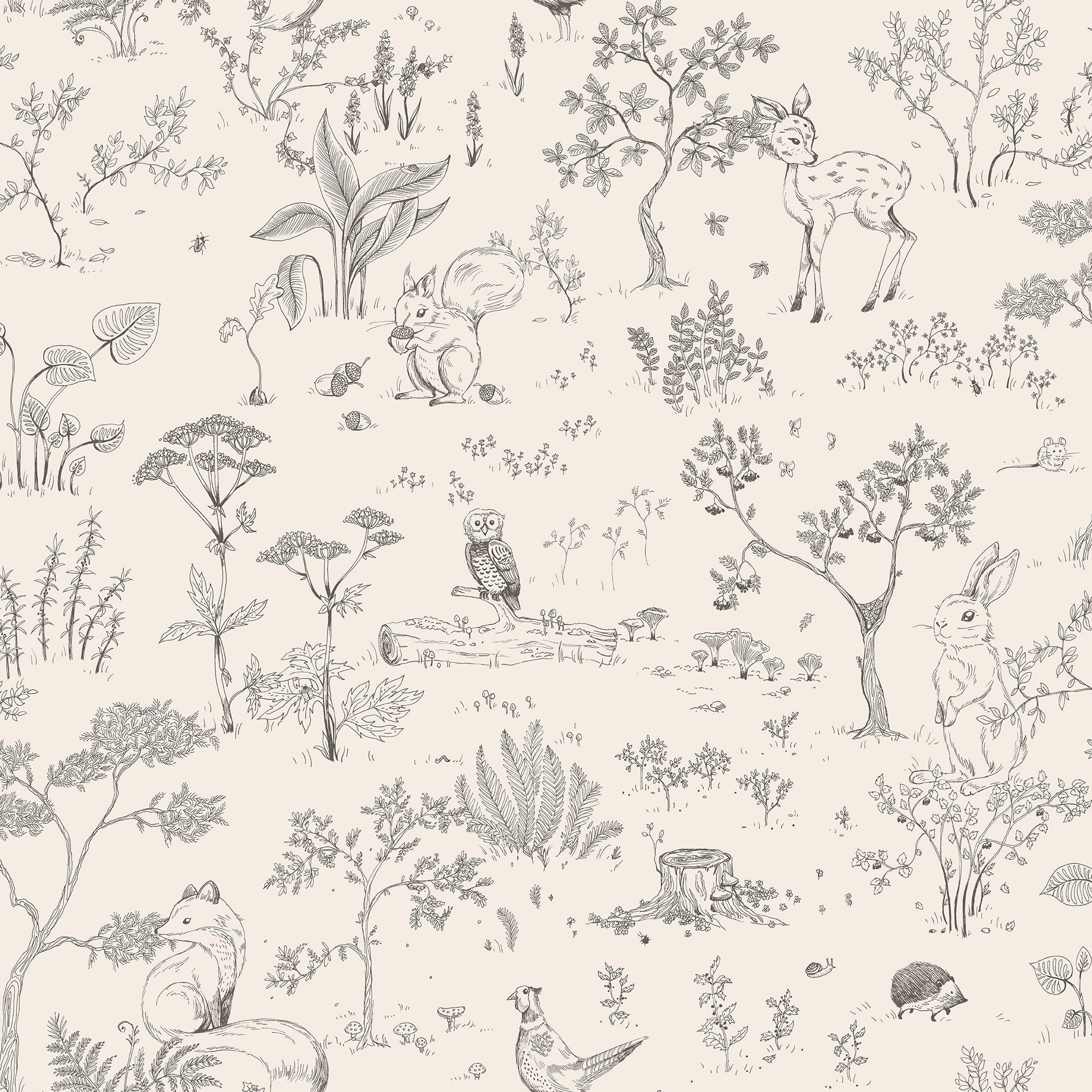 Hollie wallpaper by Sandberg in grey, woodland toile of deer, owls, foxes and trees, flat swatch