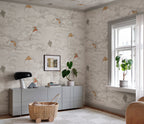 Bonnie & Kites wall mural by Sandberg in beige styled in a living room with grey sideboard and plants