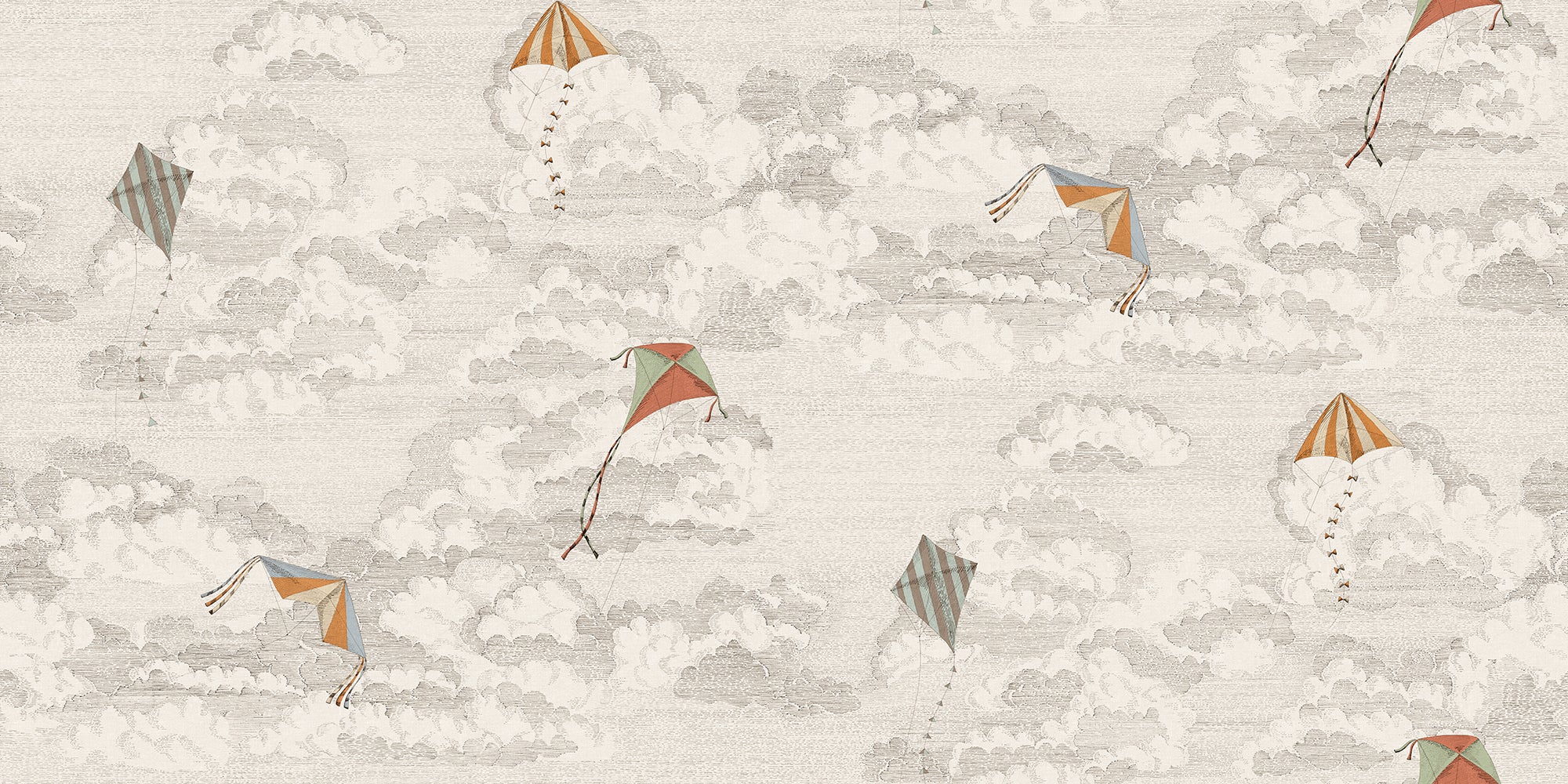 Bonnie & Kites wall mural by Sandberg, pastel kites and parachutes over pale beige clouds, flat swatch
