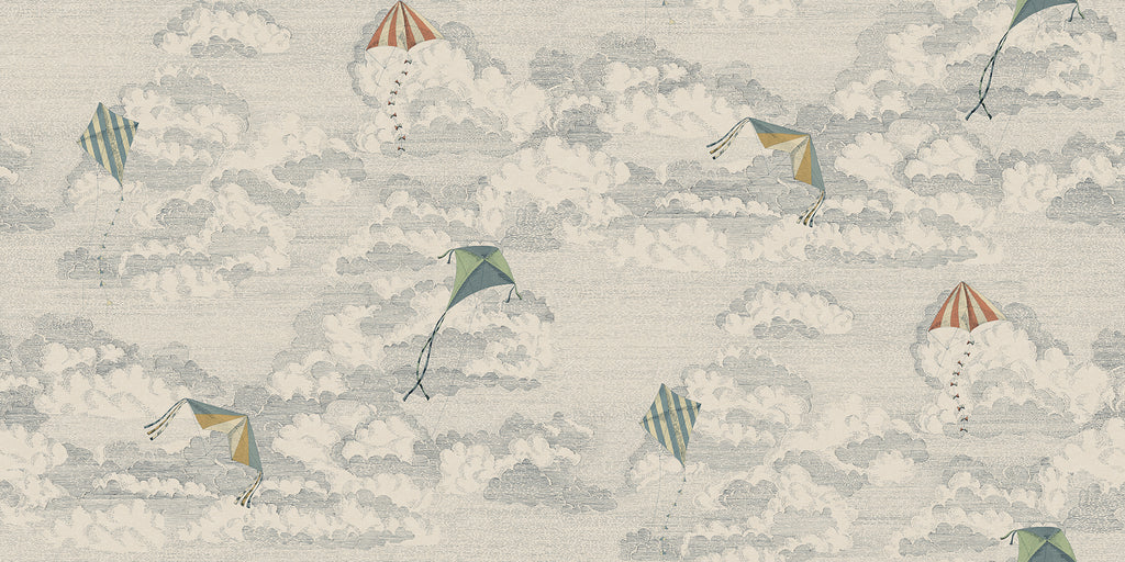 Bonnie & Kites wall mural by Sandberg in muted blue-grey, kites floating among clouds, flat swatch