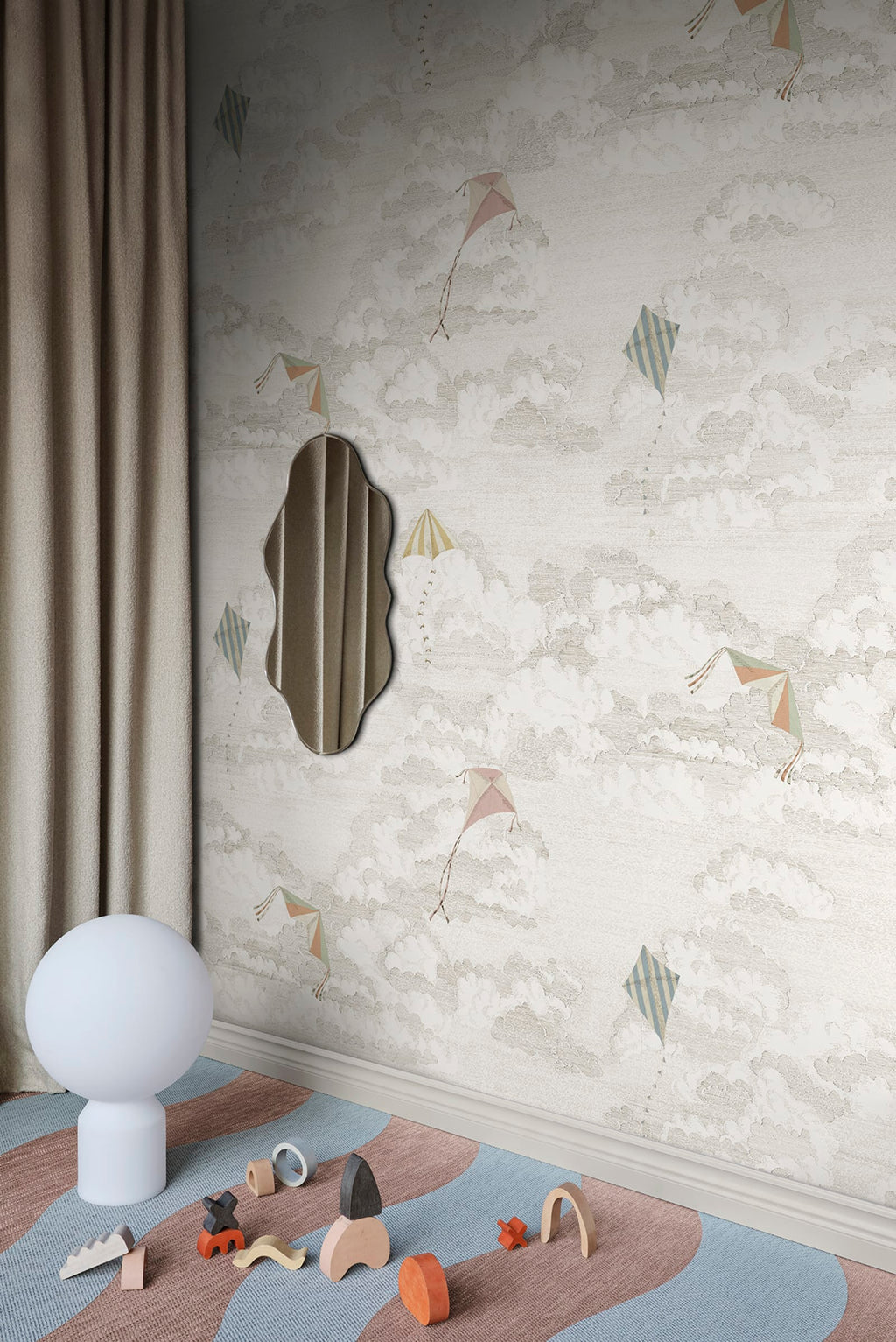 Bonnie & Kites wall mural by Sandberg in soft cream styled in a bedroom with a gingham bed and wardrobe