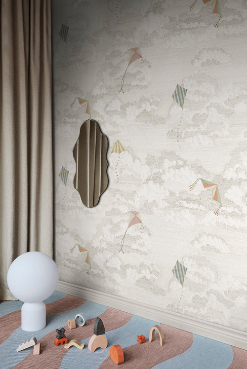 Bonnie & Kites wall mural by Sandberg in soft cream styled in a bedroom with a gingham bed and wardrobe