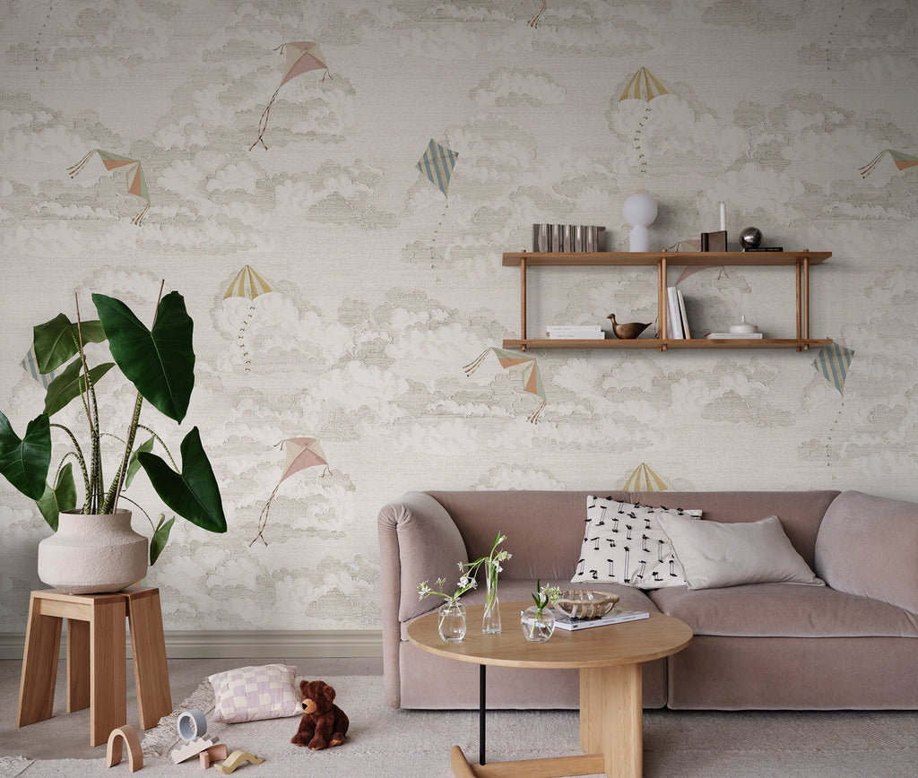 Bonnie & Kites wall mural by Sandberg in cream styled in a living room with pink sofa and shelf