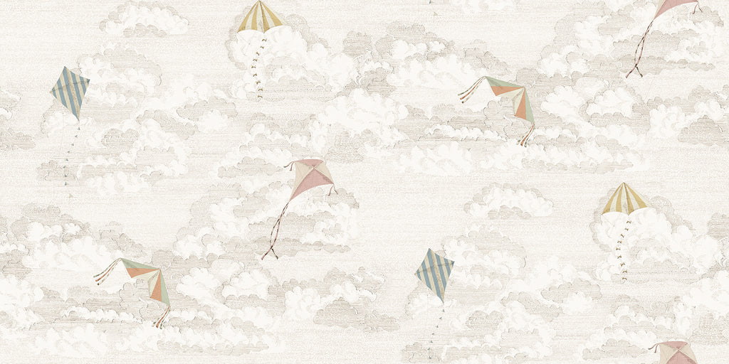 Bonnie & Kites wall mural by Sandberg, vintage kites drifting among soft grey clouds on a cream sky, flat swatch
