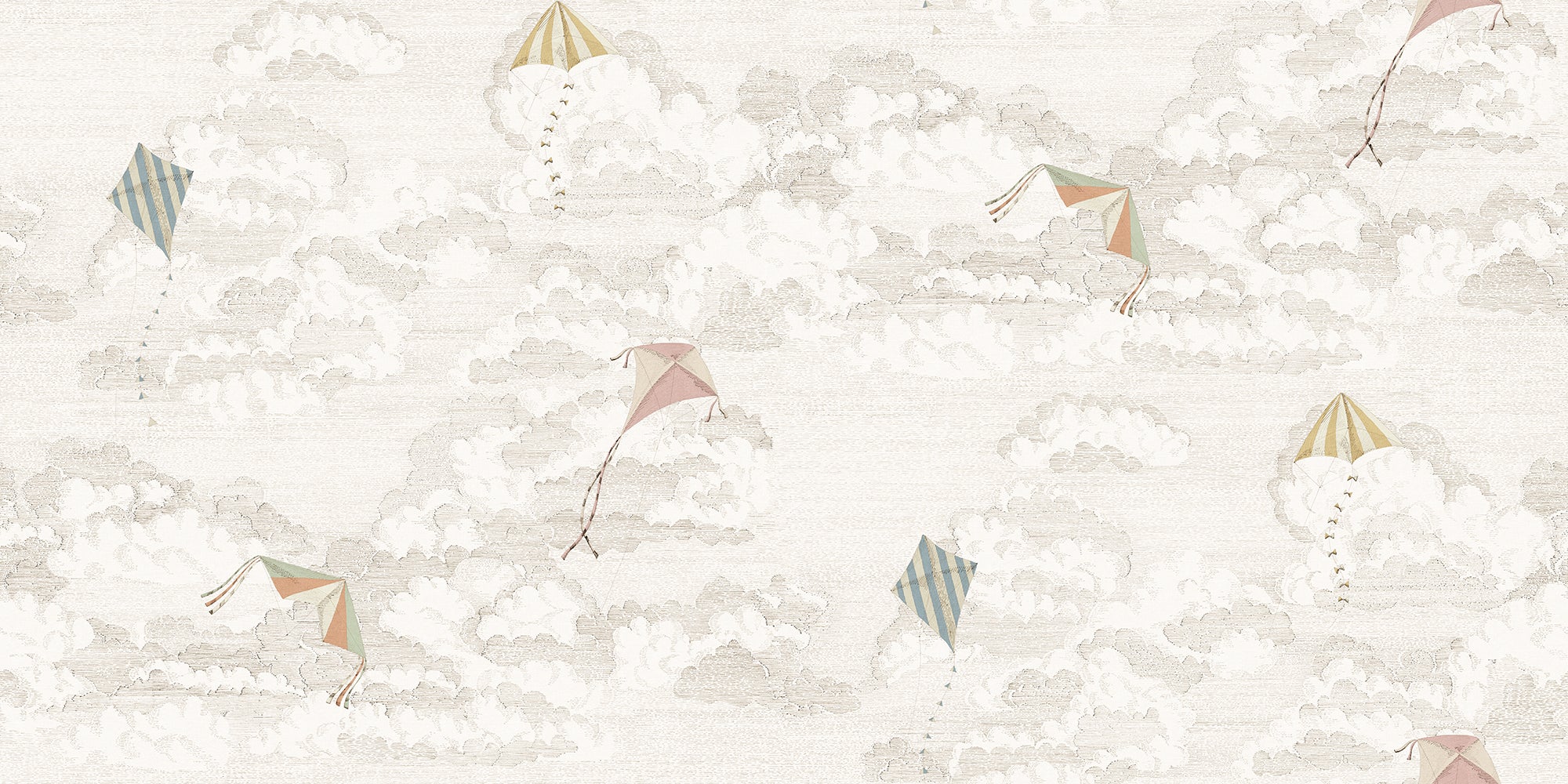 Bonnie & Kites wall mural by Sandberg, vintage kites drifting among soft grey clouds on a cream sky, flat swatch