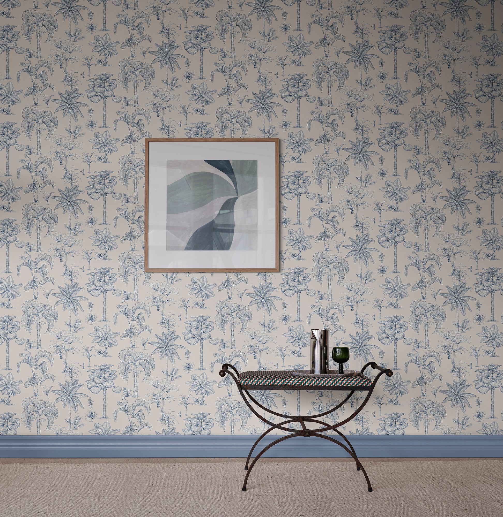 Adele wallpaper by Sandberg in Blue, styled on an interior wall