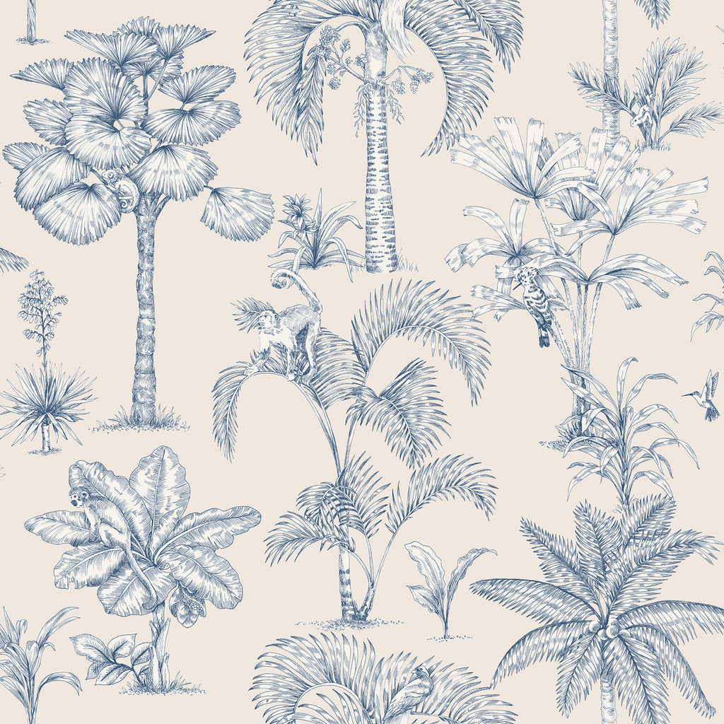 Adele wallpaper by Sandberg, toile-style tropical palms and monkeys in navy blue on a cream ground, flat swatch