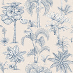 Adele wallpaper by Sandberg, toile-style tropical palms and monkeys in navy blue on a cream ground, flat swatch