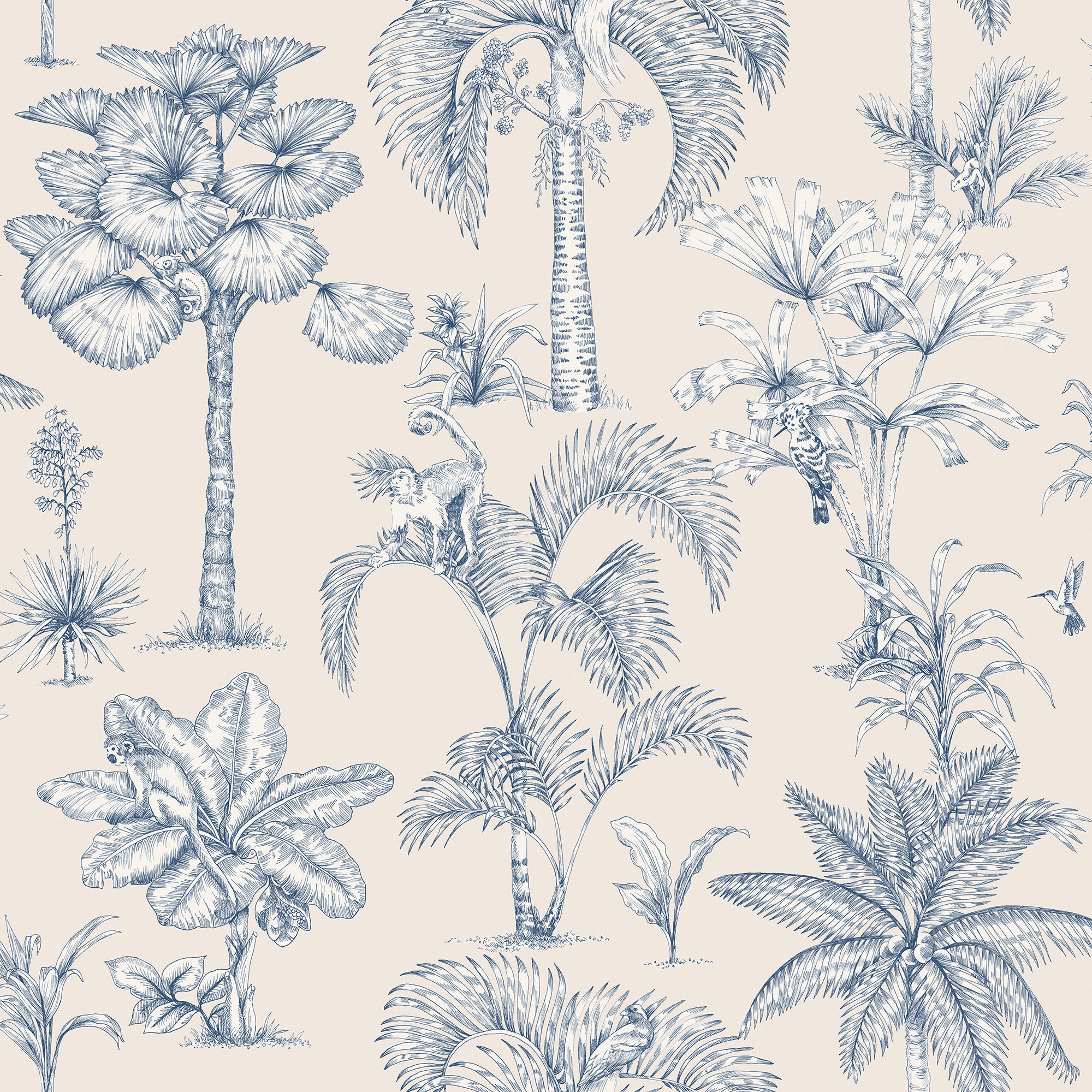 Adele wallpaper by Sandberg, toile-style tropical palms and monkeys in navy blue on a cream ground, flat swatch