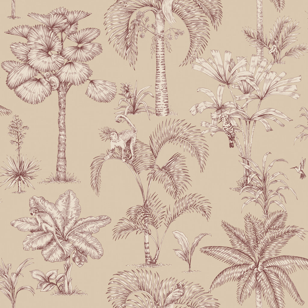 Adele wallpaper by Sandberg, toile-style palms, banana trees and monkeys in russet red on a soft sand ground, flat swatch
