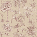 Adele wallpaper by Sandberg, toile-style palms, banana trees and monkeys in russet red on a soft sand ground, flat swatch