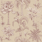 Adele wallpaper by Sandberg, toile-style palms, banana trees and monkeys in russet red on a soft sand ground, flat swatch