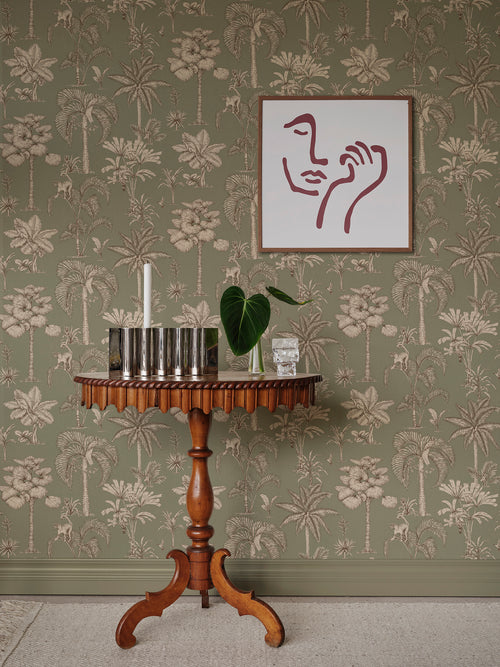 Adele wallpaper by Sandberg in Green, styled on an interior wall