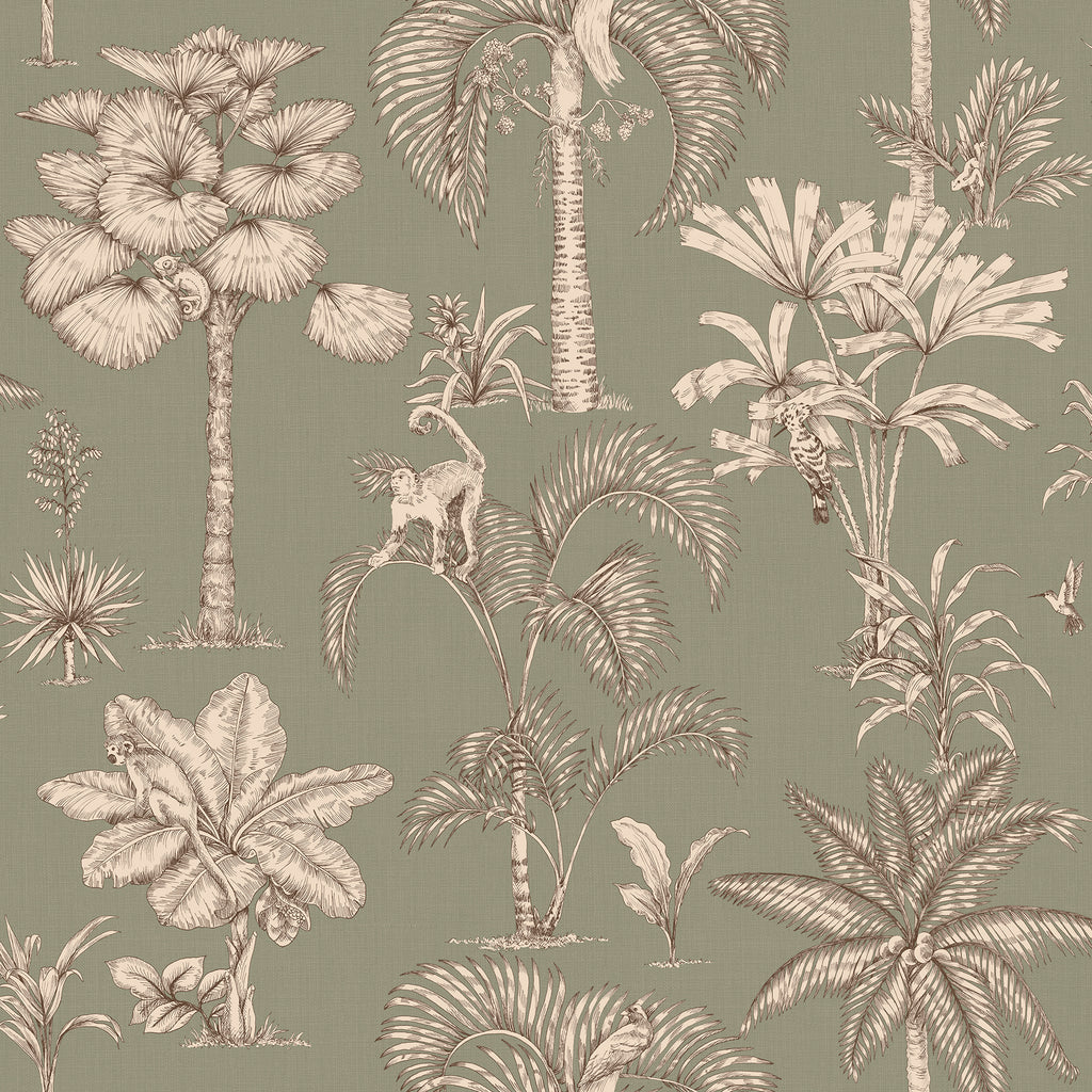 Adele wallpaper by Sandberg, toile-style palms and monkeys in brown on a sage green ground, flat swatch