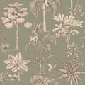 Adele wallpaper by Sandberg, toile-style palms and monkeys in brown on a sage green ground, flat swatch