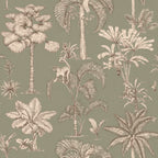 Adele wallpaper by Sandberg, toile-style palms and monkeys in brown on a sage green ground, flat swatch