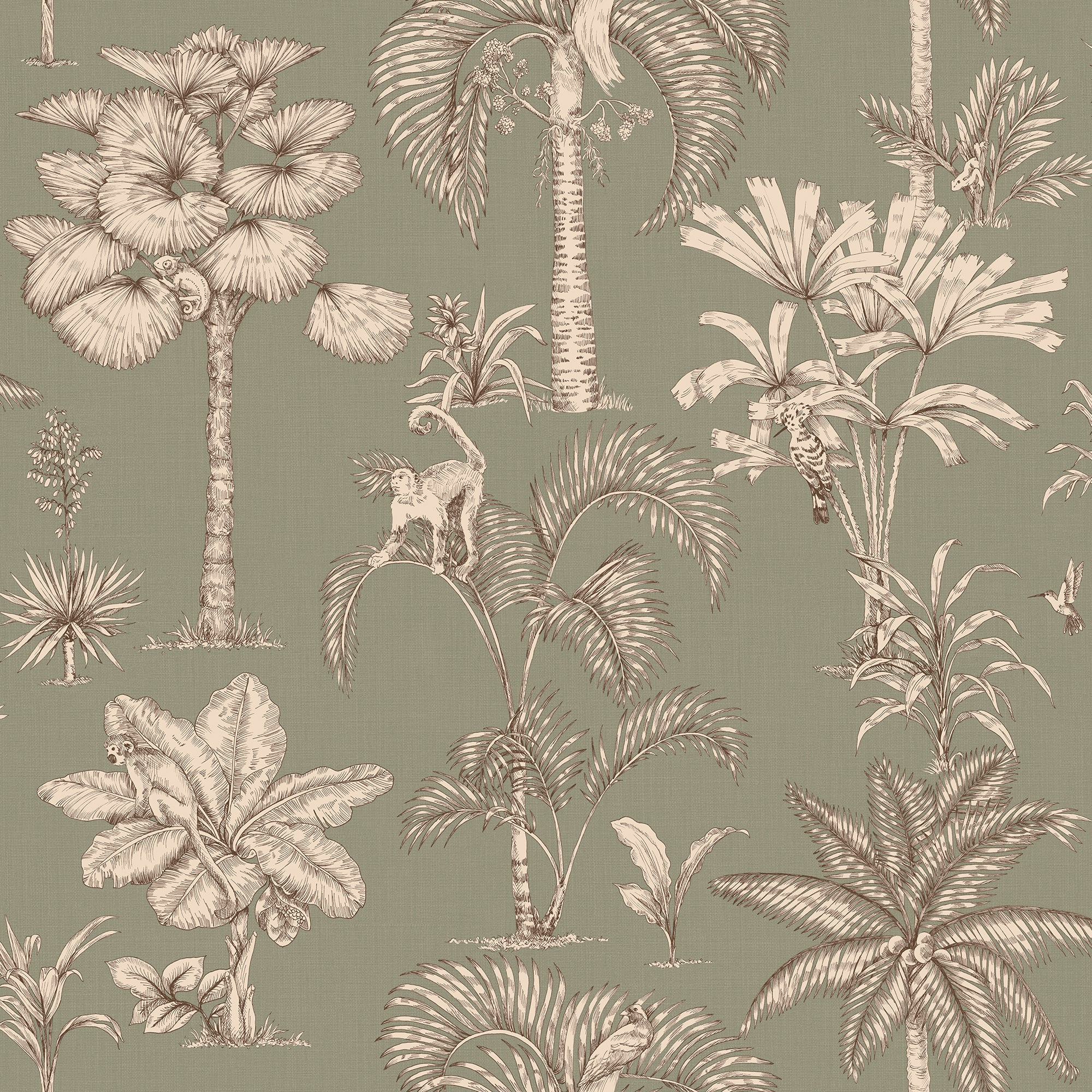 Adele wallpaper by Sandberg, toile-style palms and monkeys in brown on a sage green ground, flat swatch